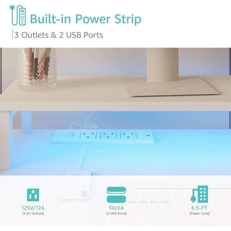 Lufeiya White Computer Desk with File Drawers Cabinet, 55 Inch Home Office Desk with Monitor Stand Shelves, Writing Study Gaming Desks with Led Lights and Power Outlets for Bedroom, White Adjustable Work Table, Get Free Gift Lufeiya White Computer Desk with File Drawers Cabinet, 55 Inch Home Office Desk with Monitor Stand Shelves, Writing Study Gaming Desks with Led Lights and Power Outlets for Bedroom, White Adjustable Work Table, Get Free Gift