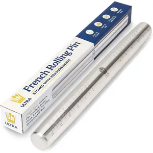French Rolling Pin for Baking, Tapered Stainless Steel Design with Measurements, for Professional or Home Use, Suitable for Pizza Cookie Pastry Dough Fondant Pie Crust, Dishwasher-Safe