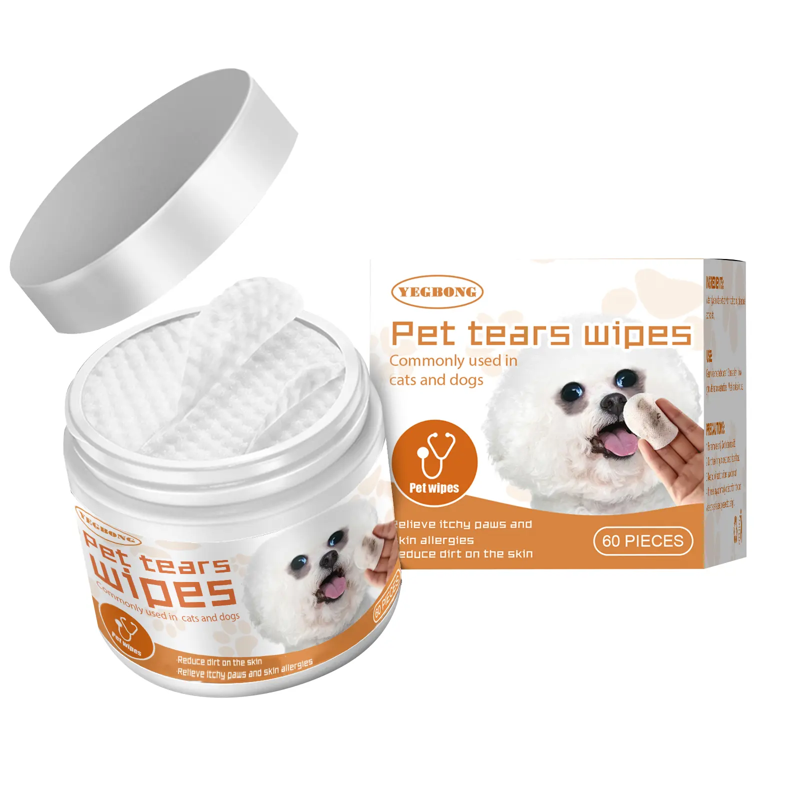Pet Tear Stain Wipes, Gentle Soothing Formula, Effective Removal of Eye Dirt & Crust, For Daily Tear Mark Cleaning, 60 Count Jar, Essential for Cats & Dogs Owners