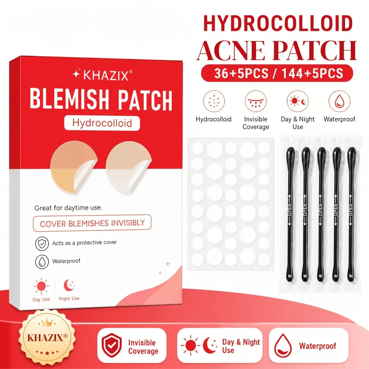 36/144 Pcs Hydrogel Acne Patches + 5 Cleansing Sticks, Invisible Transparent, Waterproof, Ultra-Thin, Daily Facial Care