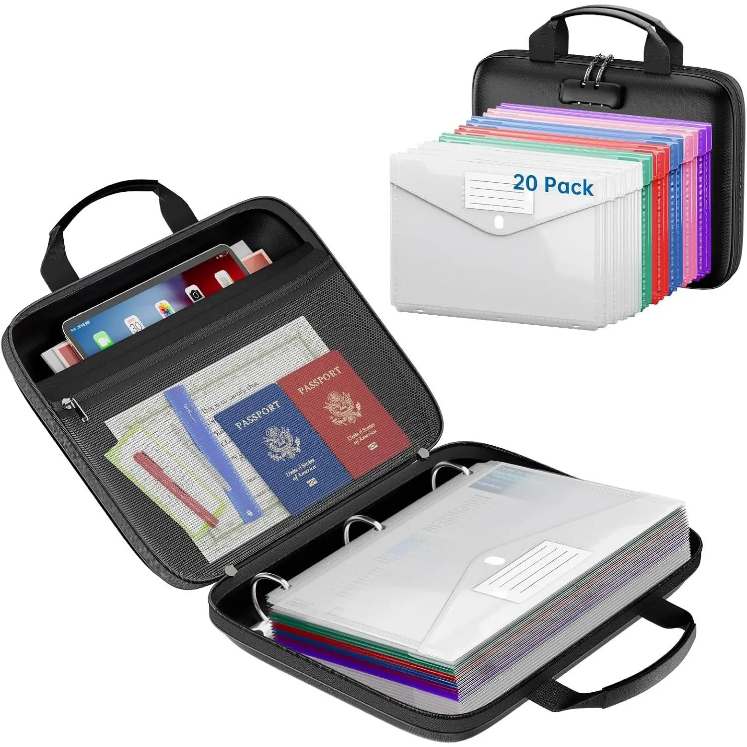 Binder Folders Organizer with 20 Pack Heavyweight Plastic Pockets,Fireproof File Folder Box with Lock,Zipper Binder Bag for Important Documents,Letter Size