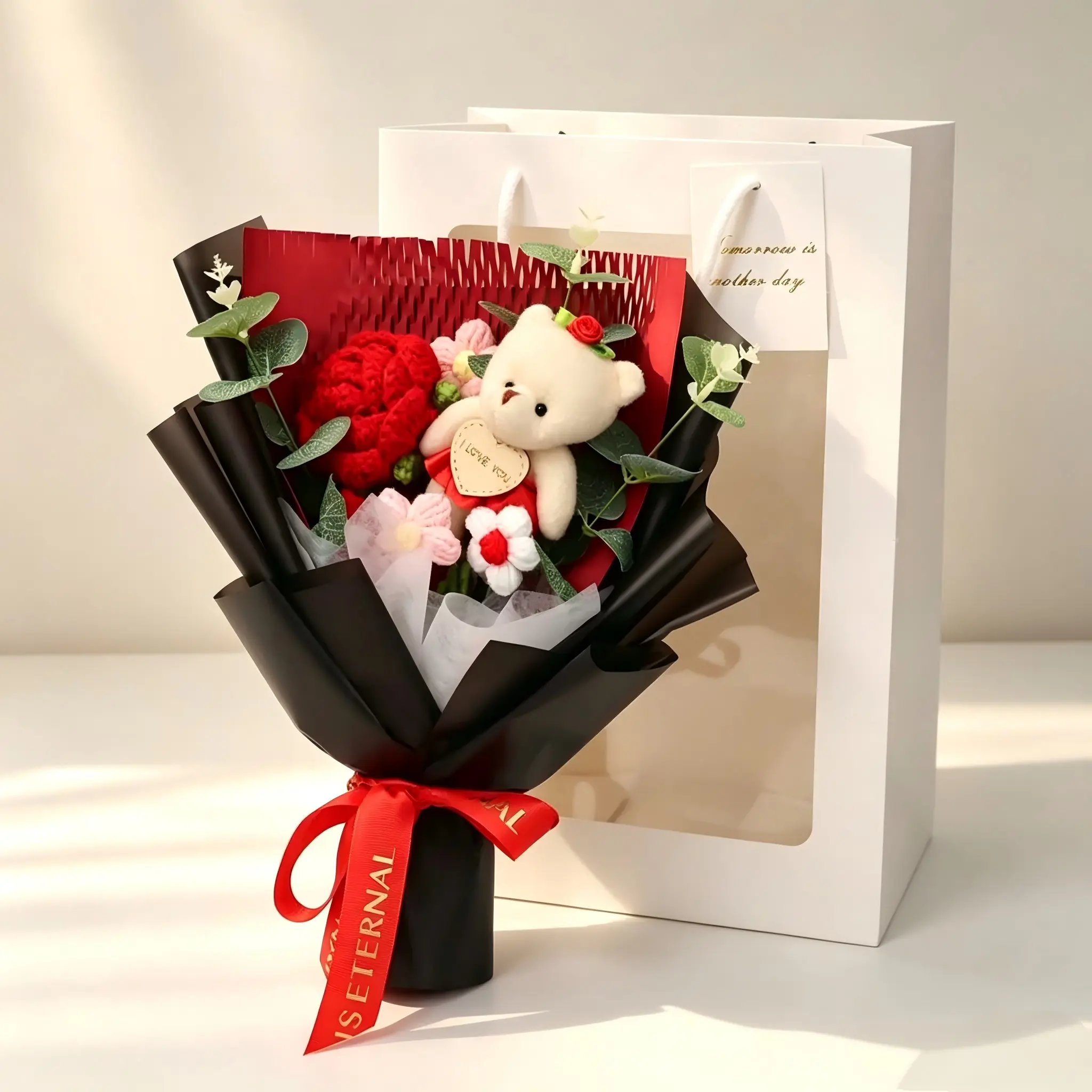 Handmade Crochet Bear Rose Bouquet, Packaging, Artificial Flowers, Valentine's Day Gift, Anniversary Present