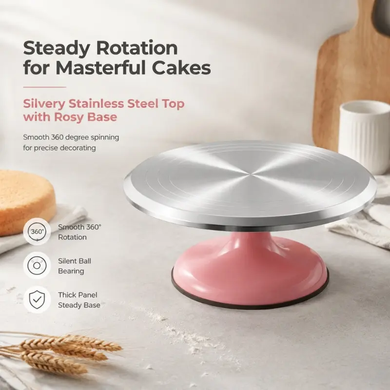 pink base cake turntable with stainless steel top silent ball bearing 360 smooth rotating cake decorating stand non slip silicone ring baking accessory Baking Tool