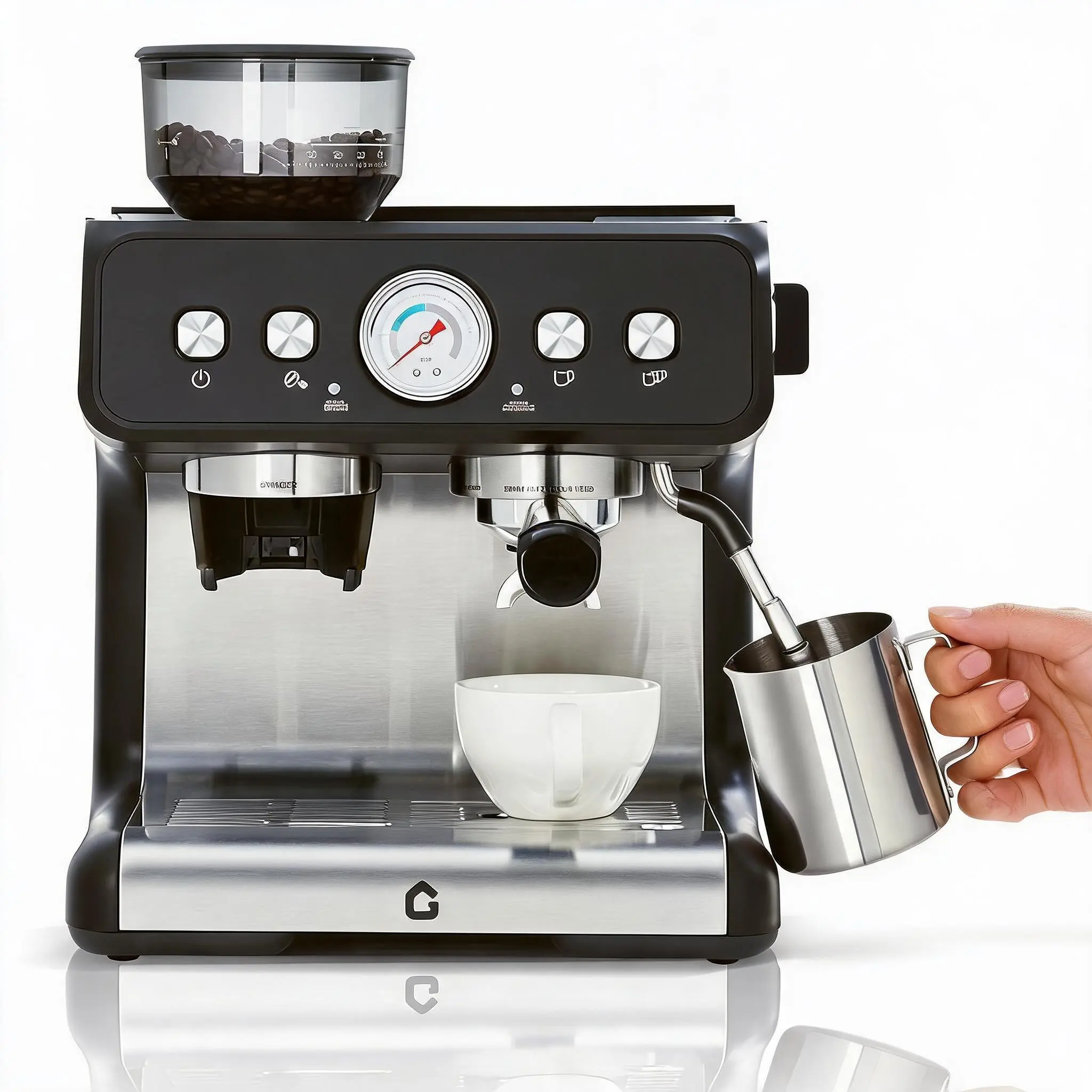 20 Bar Espresso Coffee Machine with Built-in Bean Grinder, 1400W 360° Steam Wand Latte Cappuccino Maker, 30 Grind Levels, Pressure Gauge, Self-Cleaning Stainless Steel Espresso Maker for Home Barista