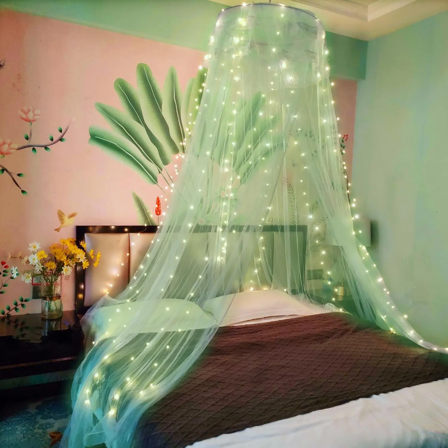 Lace Netting Bed Canopy with Warm Lights, Single-Door Mosquito Net for Girl Room Decor, Green