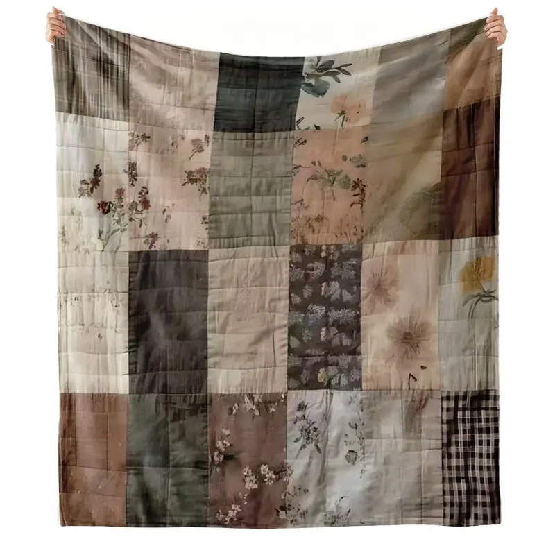 Rustic Floral Patchwork Blanket, Earthy Plant Flannel Throw, Vintage Ink Flower Plush, Cozy Nap Rug, Portable Camping Multi-Use Blanket