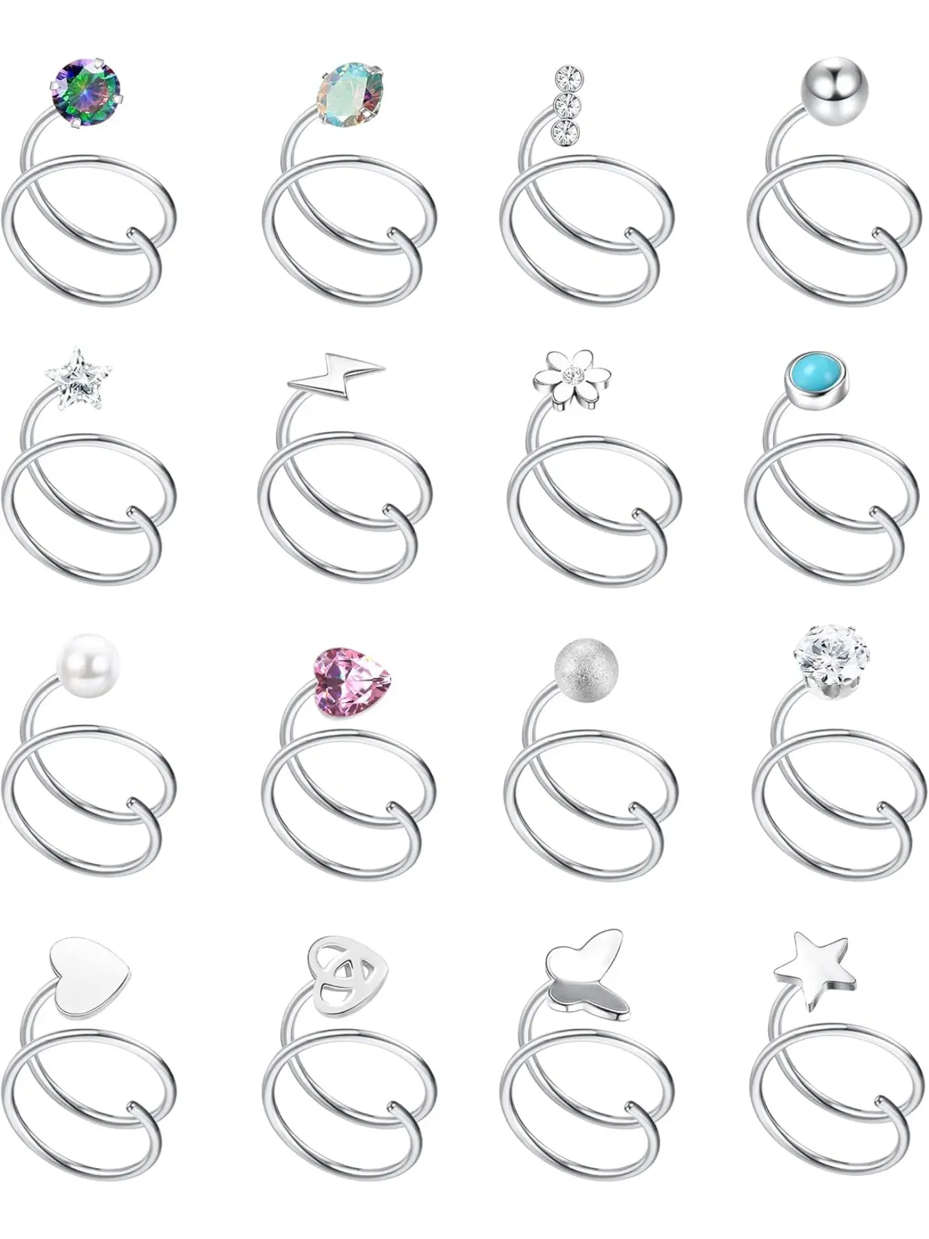 16Pcs Double Nose Ring Hoop for Single Piercing 20 Gauge Stainless Steel Body Jewelry Nose Hoop Spiral Star Pearl CZ Butterfly Twist Nose Ring Hoops Double Hoop Earrings for Women