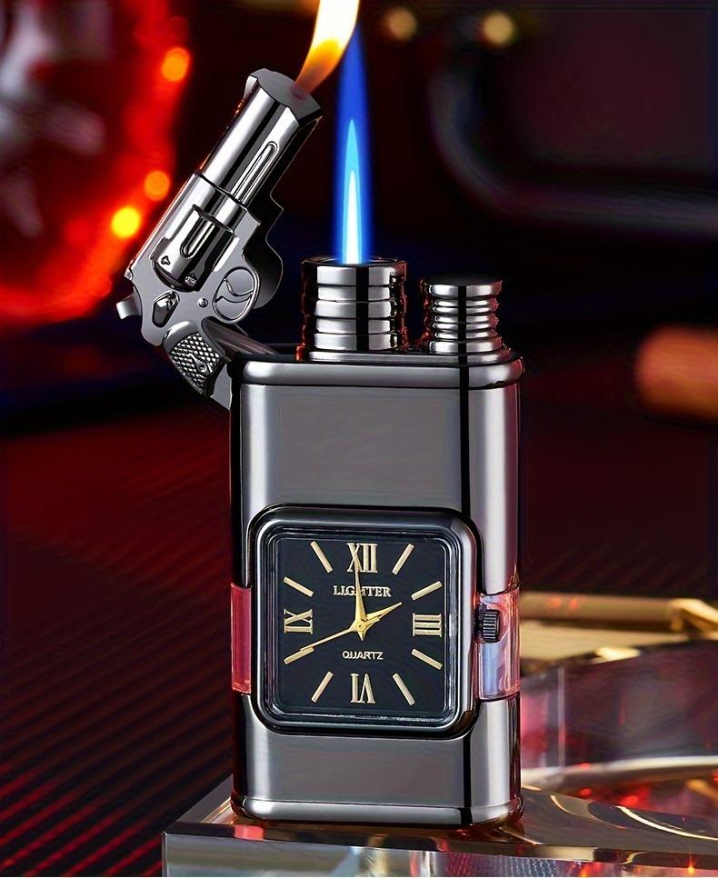 Double Flame Creative Windproof Torch Lighter Portable Lighter That Can Be Repeatedly Refilled With Butane Gas Retro Quartz Dial Torch Lighter Men's Gift Gift Box Packaging (Butane Gas Not Included)