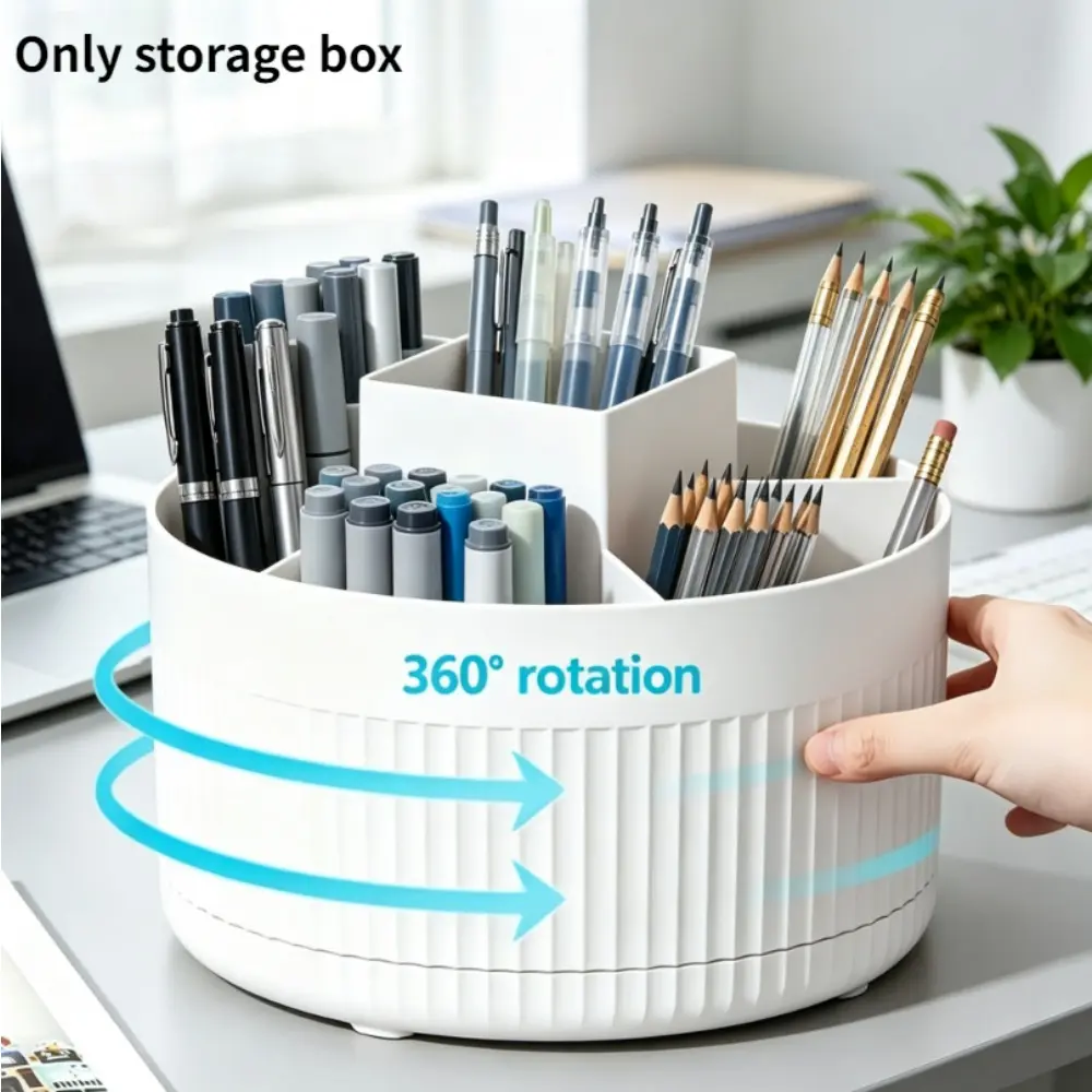 360 degree rotating five grid pen holder, large capacity desktop stationery storage box, office desk organizer rack