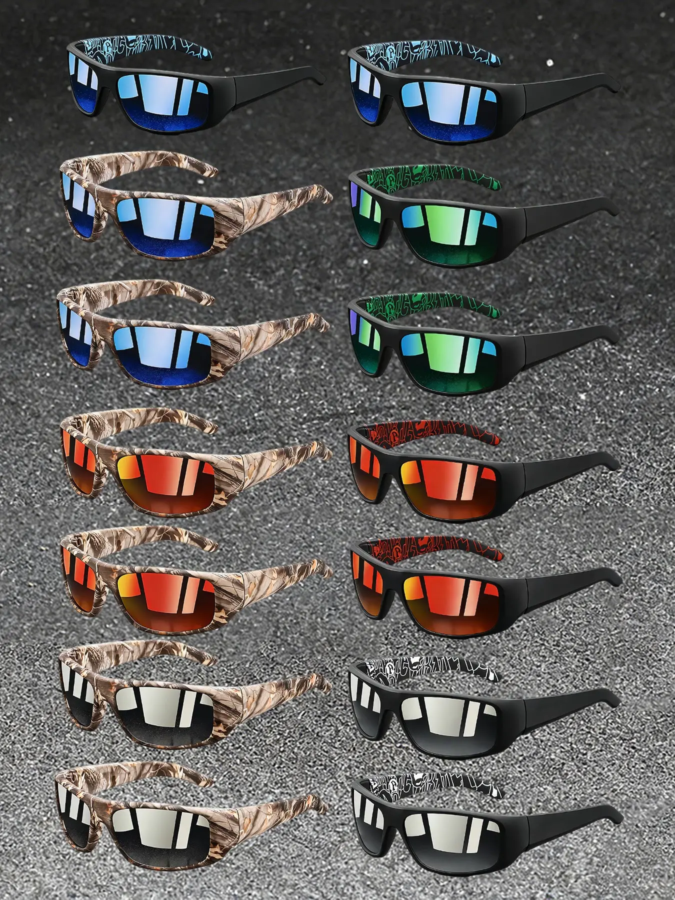 14 pairs of the latest square sports sunglasses, Sports shades, protective lenses, classic camouflage frame with anti slip rubber nose pads, stylish and comfortable, suitable for outdoor activities such as sports, travel, driving, beach