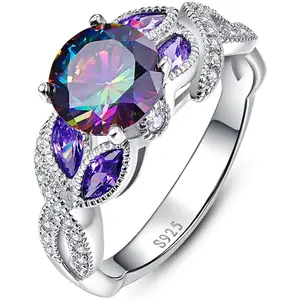 Silver Created Women's Rainbow Topaz|Sapphire|Aquamarine Ring Women Engagement Rings Bezel Setting Marquise Fashion Statement Ring Best Gift for Mother and Grandma Size 5-9