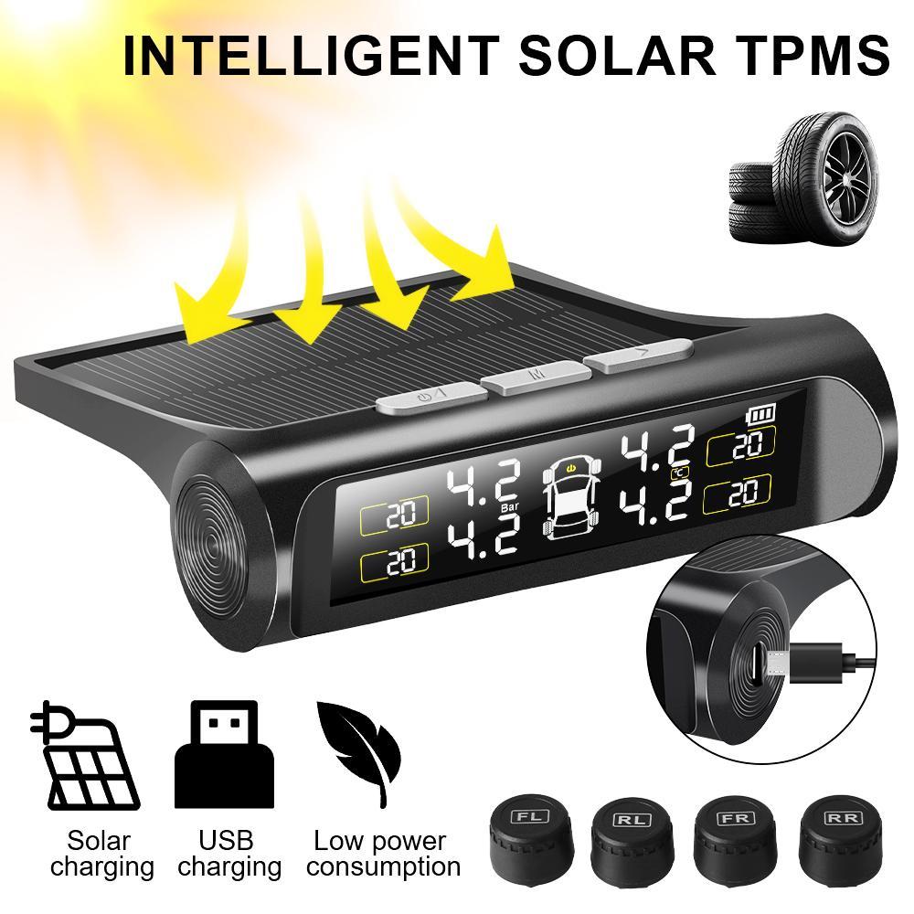 Solar-Powered Car Tire Pressure Monitoring Tool, LCD Digital Display Tire Pressure Gauge with Replacement Valves