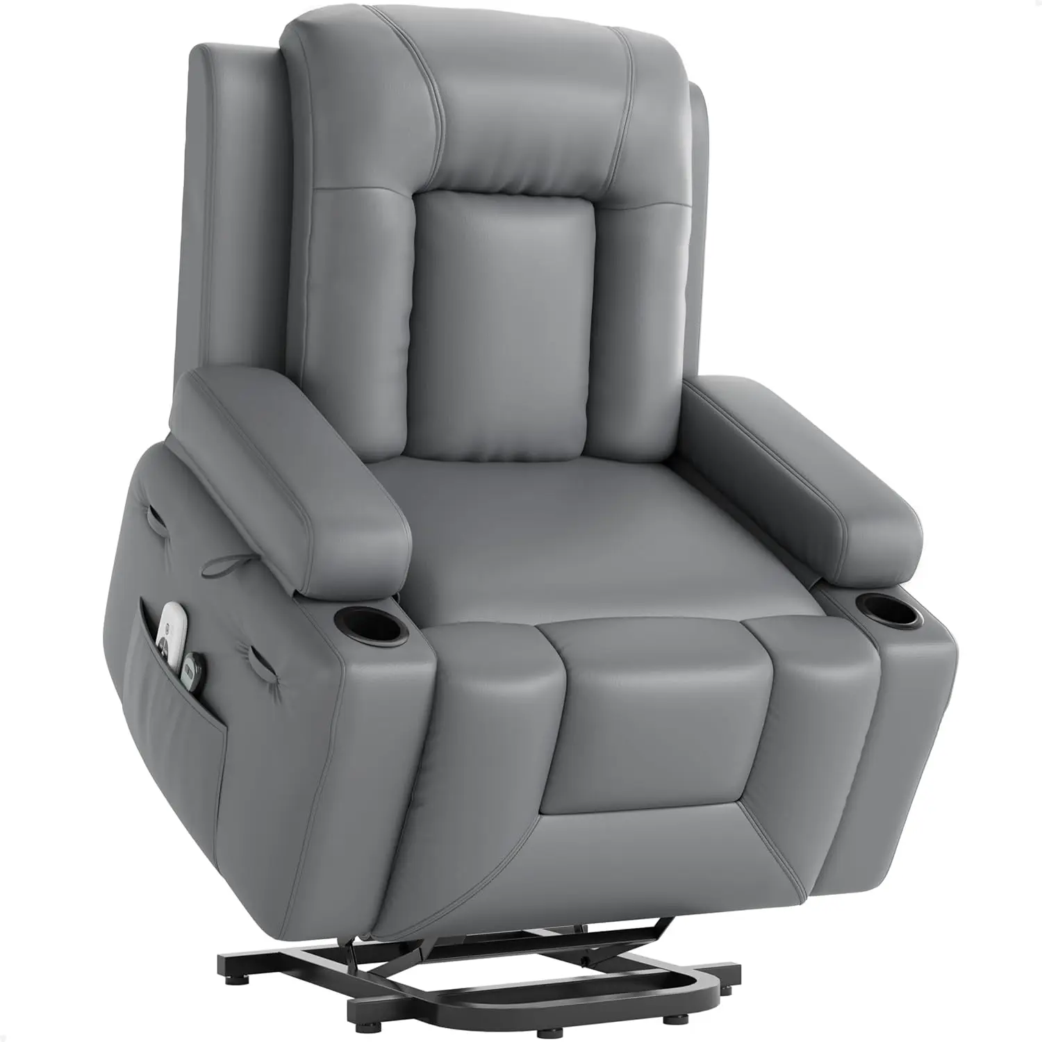Power Lift Recliner Chair - Heat and Massage, PU Leather Electric Lift Recliner for Elderly & Mobility Impaired, Reclining Sofa with Side Pocket, Soft Pillow, Cup Holders for Living Room