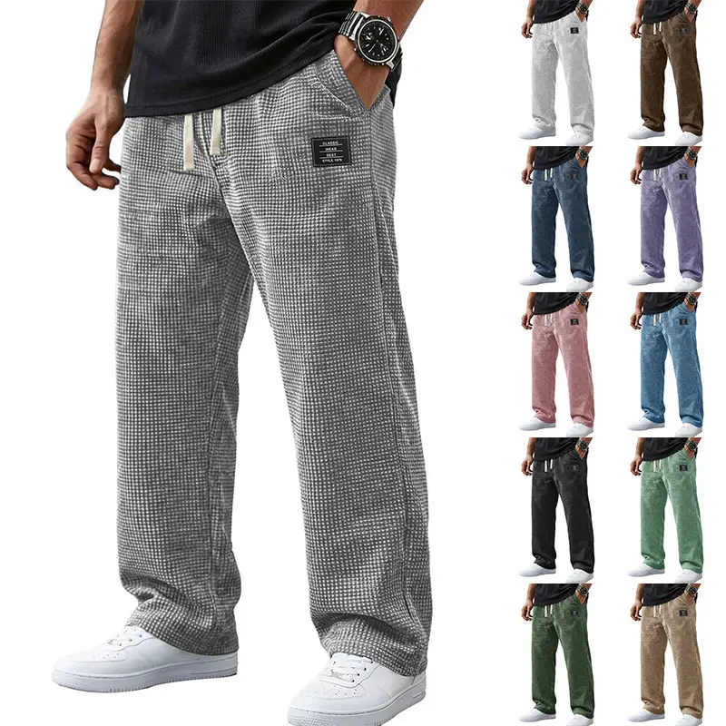 Men's American-style loose-fit plaid casual trousers (Autumn/Winter new arrival): straight-leg corduroy and waffle-texture pants, trendy solid-color utility trousers.