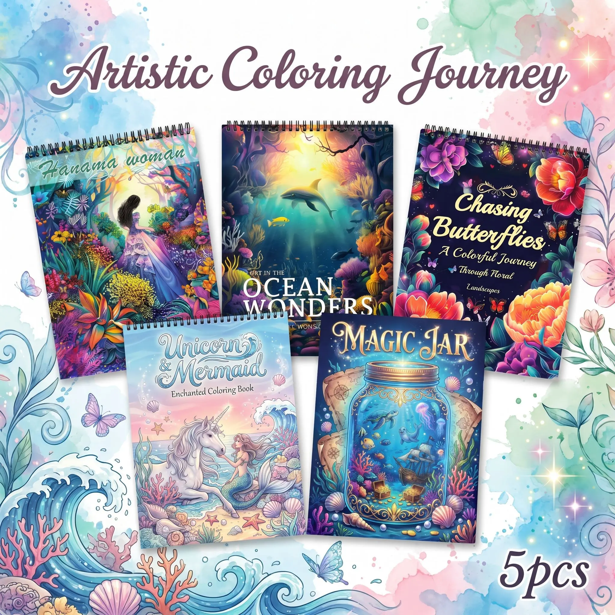 Adult Coloring Book - 5PCS Hanama Women, Unicorn & Mermaid, Magic Jar, Butterfly, and Ocean World Themes - 11.2x8.27 Inch, High-Quality Thick Paper, Vivid Designs for Stress Relief & Relaxation - Perfect Gift for Christmas, Birthdays & Holidays