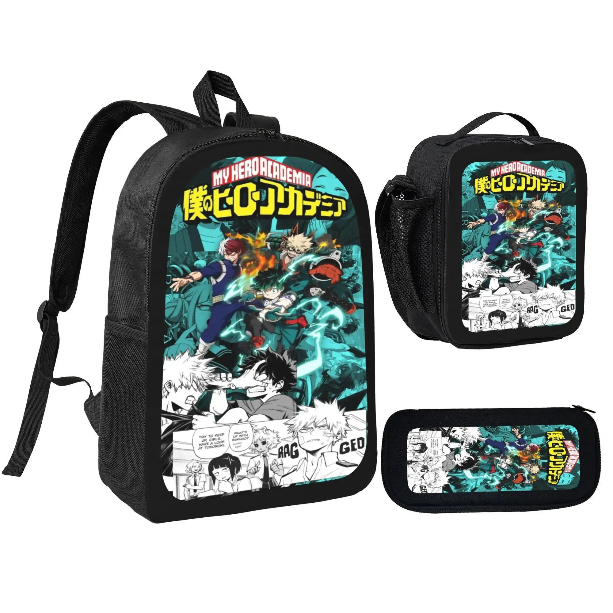 3Pcs my hero academia backpack with lunch bag and pencil box, Cool Anime Style backpack set for kids teens, school bag for girls boys, Casual, Daily Commuting, and Sports Essentials, Perfect Gift