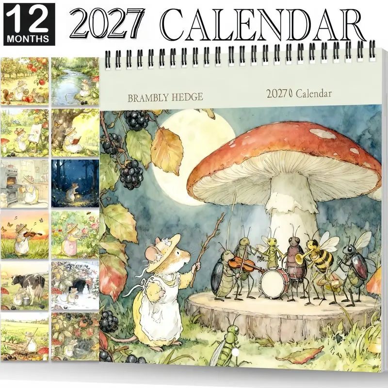 A 2026 Thorny Bushes English Countryside Wall Calendar Planner, Calendars Planners, featuring watercolor mushrooms, and monthly hedgehog illustrations, a cute, aesthetic design perfect for home or office. A top choice for Christmas/New Year gifts