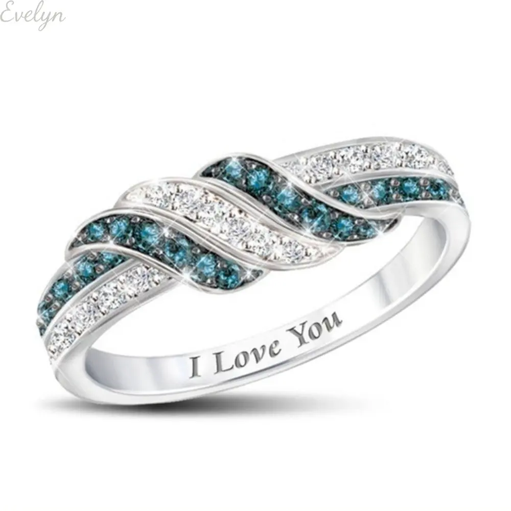 Women’s Twisted Band Promise Ring, Inlaid Blue‑Green & Clear Zircon, Inner Engraved I Love You, Romantic Wedding Anniversary Jewelry Gift