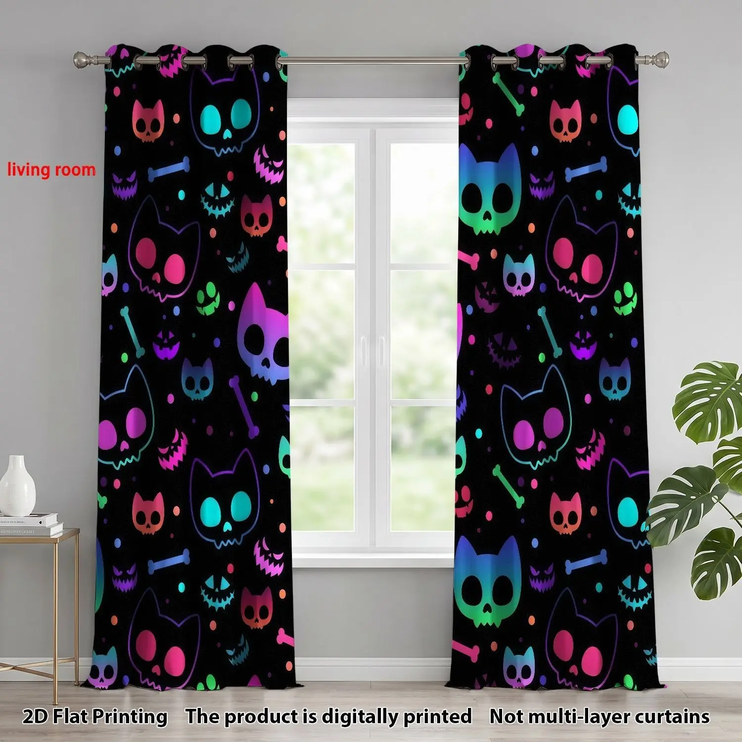 2-Pack Gradient Cat Skull Bone Print Curtains, Neon Halloween Style, 100% Polyester, Room Decor for Parties, Bedroom, Living Room