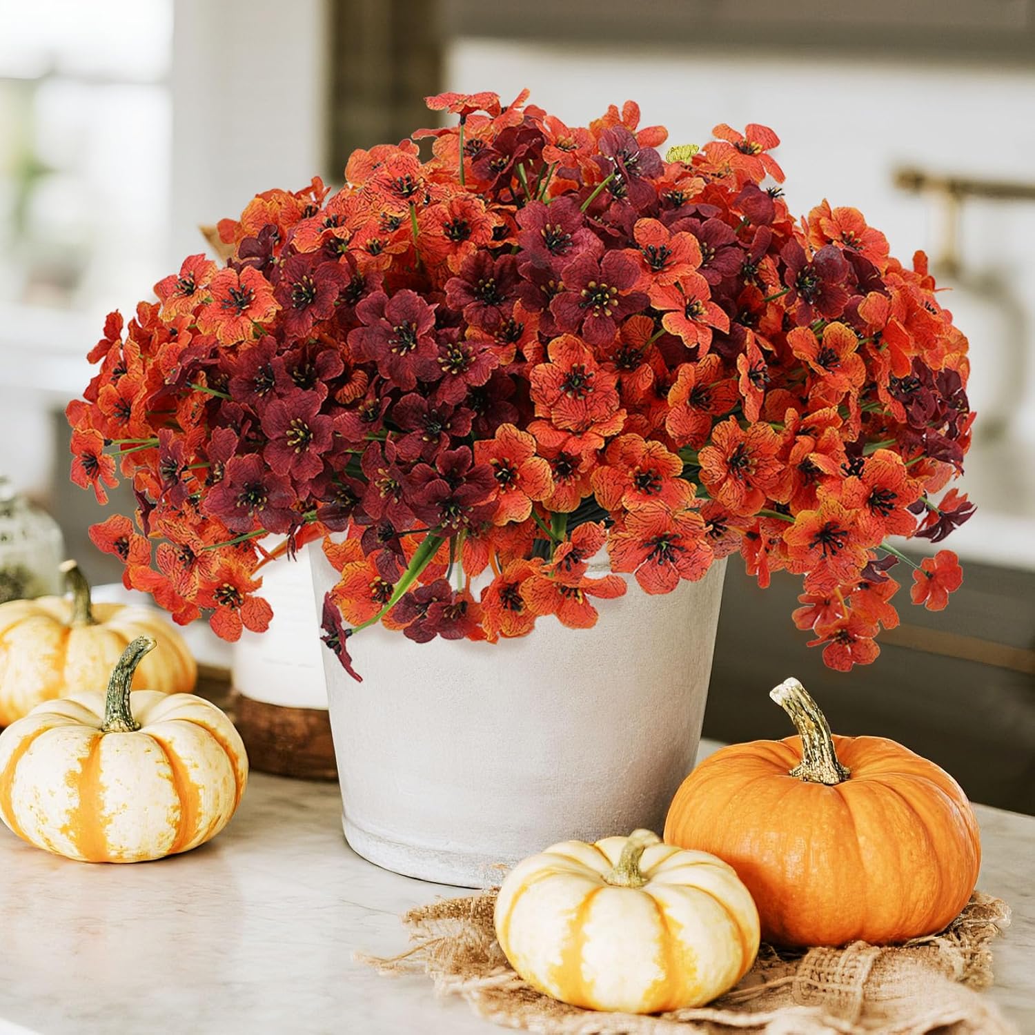 Artificial Fake Plants Flowers, Artificial Potted Flower for Outdoor Outside Fall Decoration,12 Bundles Faux Silk Daisy in Planter UV Resistant Look Real for Home Front Door Porch Patio Garden Balcony Autumn Decor(Brown)