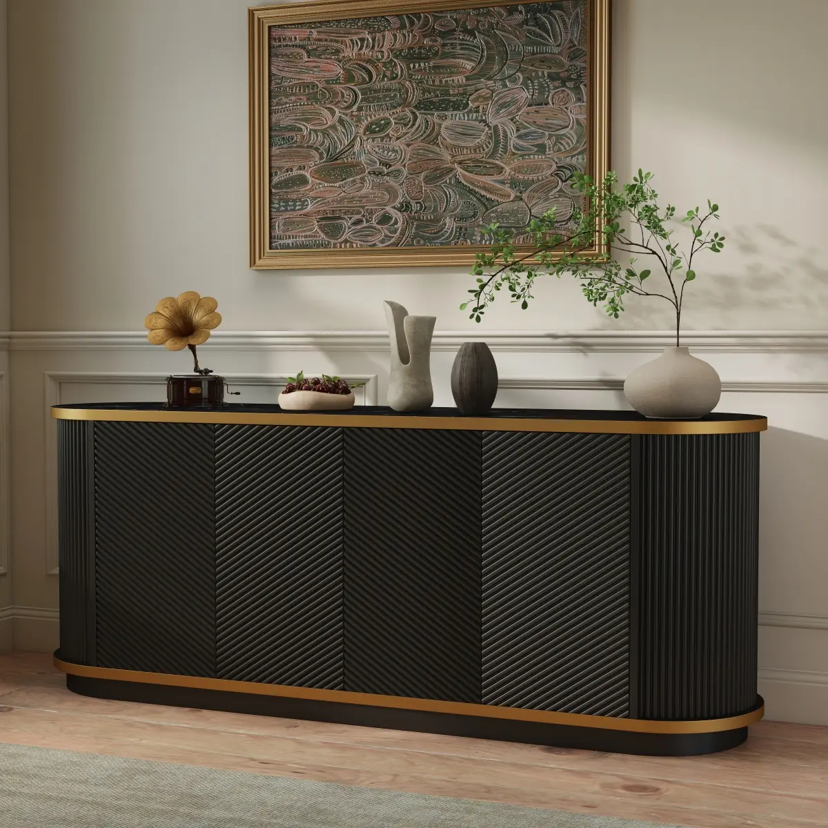 63" Diagonal Glam Curved Sideboard Cabinet with MDF Body, 4 Easy Push-to-Open Doors, Black Faux Marble Top & Golden Trim - Adjustable Storage Buffet Credenza TV Console (63x17.8x26in, 91.1lbs) for Dining, Living Room