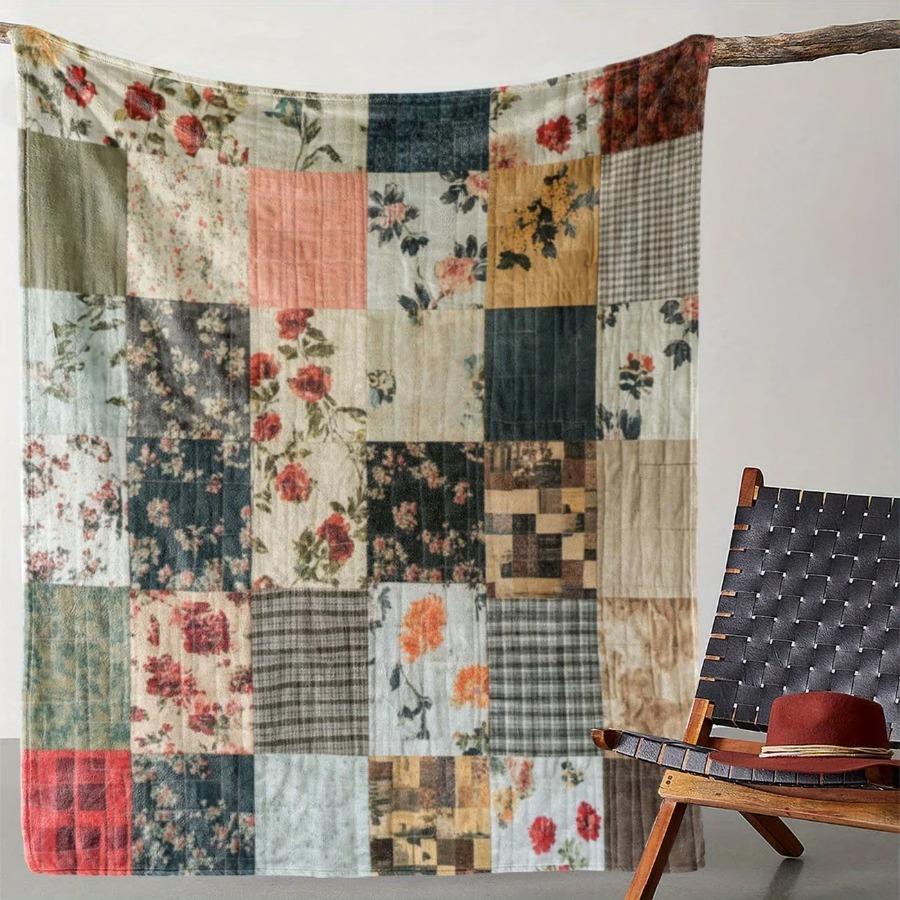 Colorful Floral Patchwork Blanket – Cozy Flannel Throw for Couch, Bed, Travel, All Season
