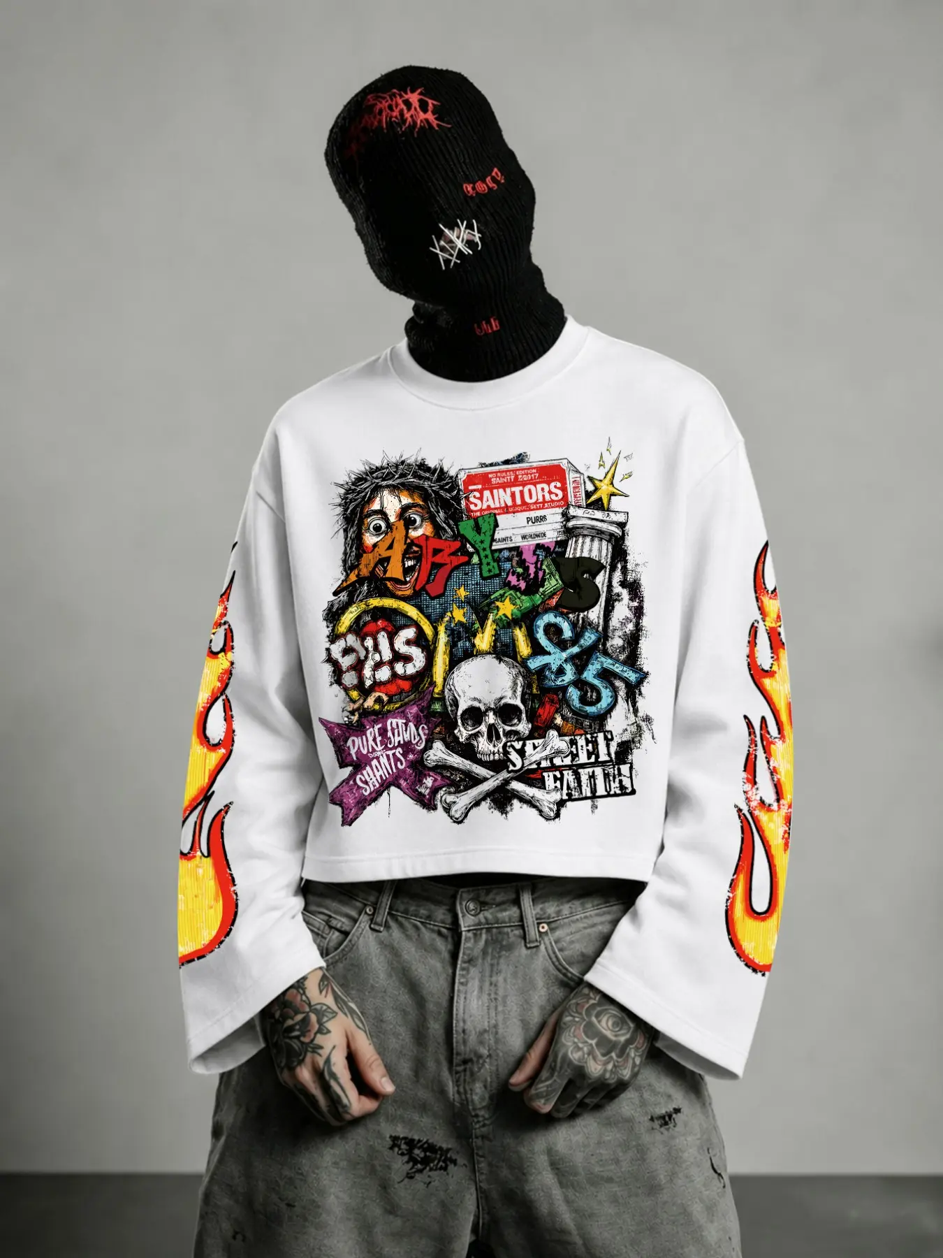 1pc Men Cropped Sweatshirt Y2K Gothic Streetwear Grunge Skull Flame Graffiti Print Drop Shoulder Oversized Pullover for Skateboard Everyday