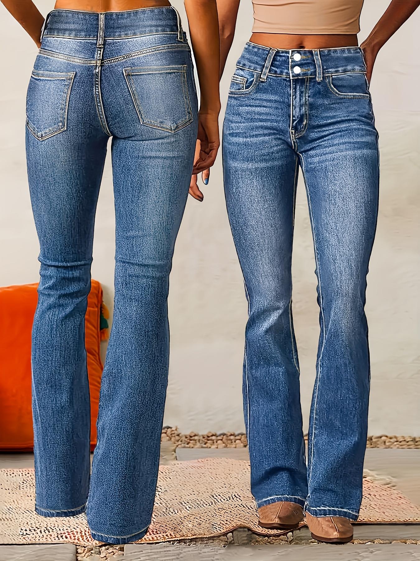 Women's Retro Stretch Bootcut Jeans - Mid-Rise, Slash Pockets, Washed Blue Denim, Comfort Fit with Button Closure