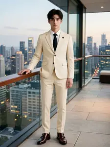 Teen Boys Beige Slim Fit 2 Piece Blazer & Pants Suit with Pockets Formal Outfit for Graduation Prom Wedding Guest Back to School Events
