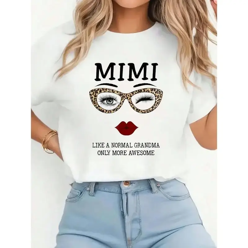 Women's Oversize Mimi Graphic Print Streetwear T-Shirt - Leopard Glasses, Wink Eyes, Red Lips Design, Cute Casual Short-Sleeve Crewneck, Breathable Cotton Fabric, All-Season Mothers Day Gift for Grandmas