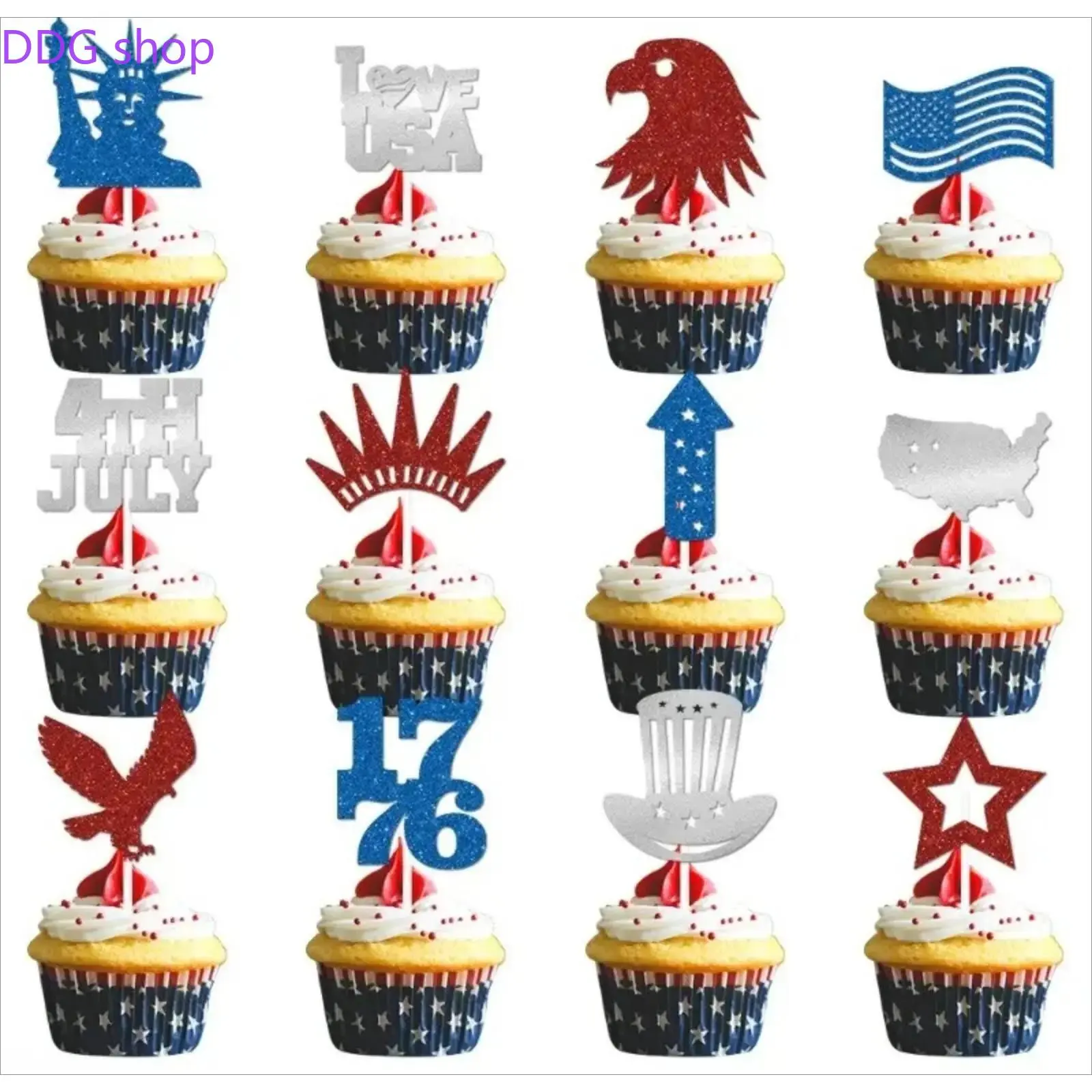 12pcs-New 4th of July Patriotic Paper Cake Toppers, USA Independence Day Themed Cupcake Flag Picks, Disposable Dessert Decor Supplies, Cute Holiday Baking Accessories For National Day Backyard BBQs, Family Cake Parties And Dessert Table Layouts