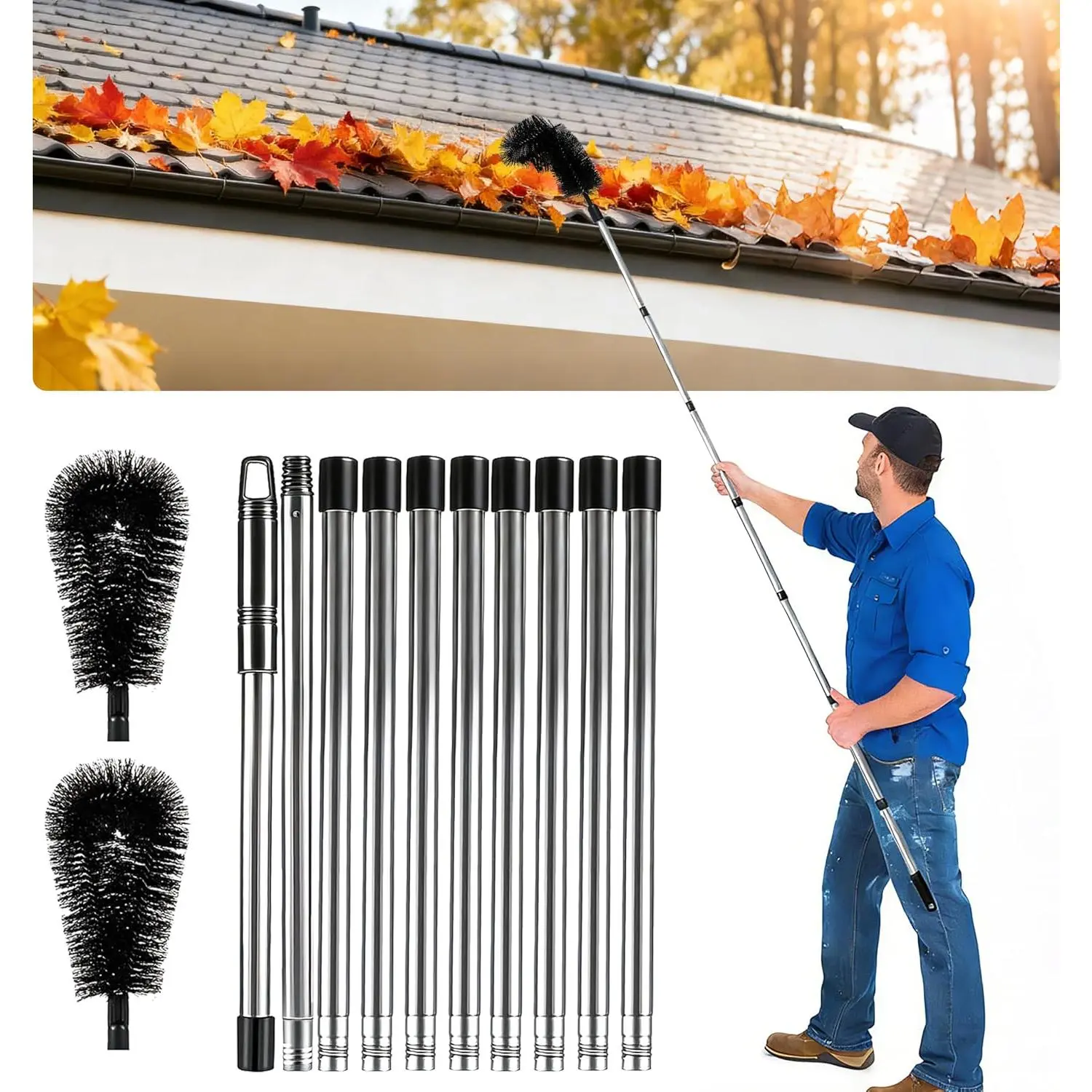 Gutter From The Ground - 12.7-Foot Gutter Cleaner with Bendable Nylon Brush,No Ladder Needed-it Easy To Leaves, Branches And Debris from Gutters