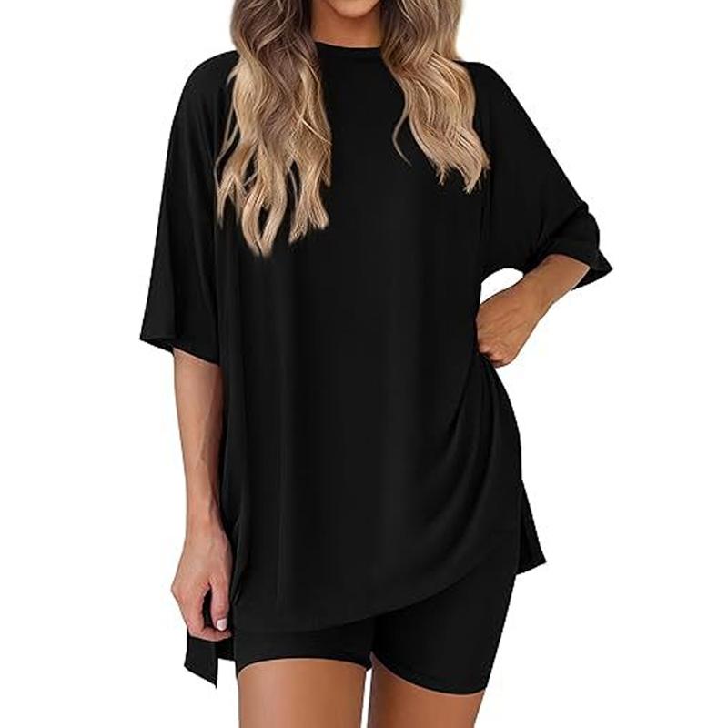 Women's Summer Casual Solid Color Crew Neck Slit Loose Short Sleeve Top with Pocket, Shorts Set Comfy Loungewear for Home
