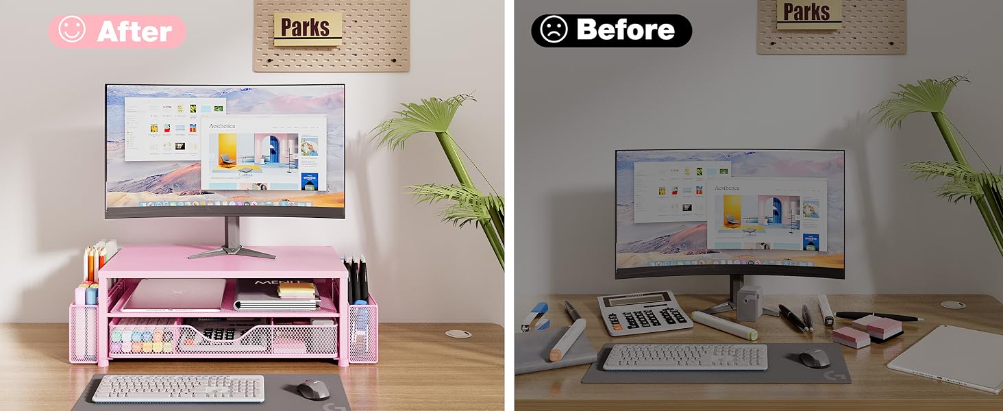 Desk Organizers and Accessories, 2-Tier Computer Monitor Stand Riser with Drawer and 2 Pen Holders, Laptop Stand, Office Desk Accessories & Office Decor for Women, Pink