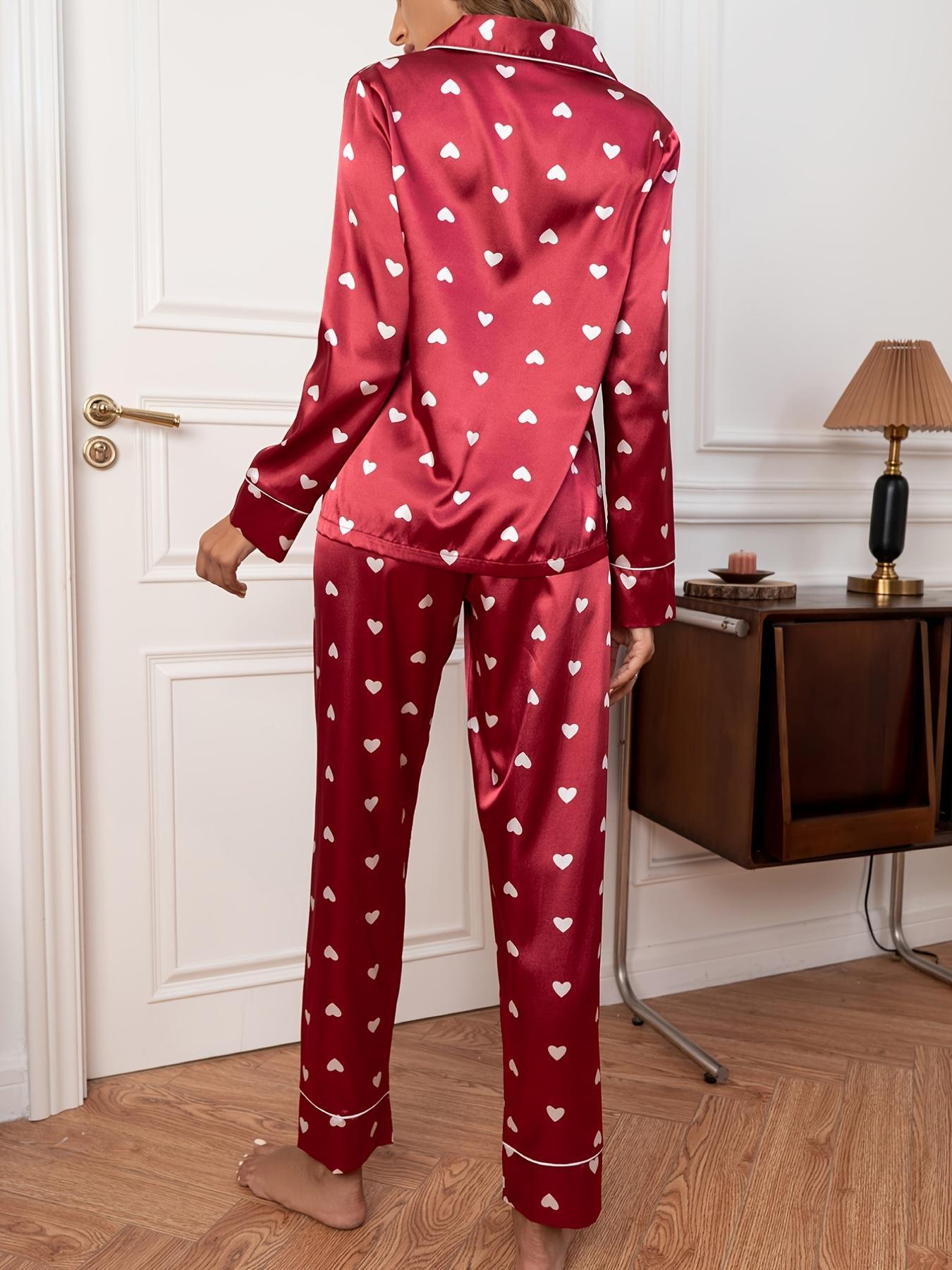 Women's Heart Print Satin Loungewear Set, Casual Lapel Button Front Shirt & Pants Fitted Pajama Set, Women's Sleepwear, Womenswear