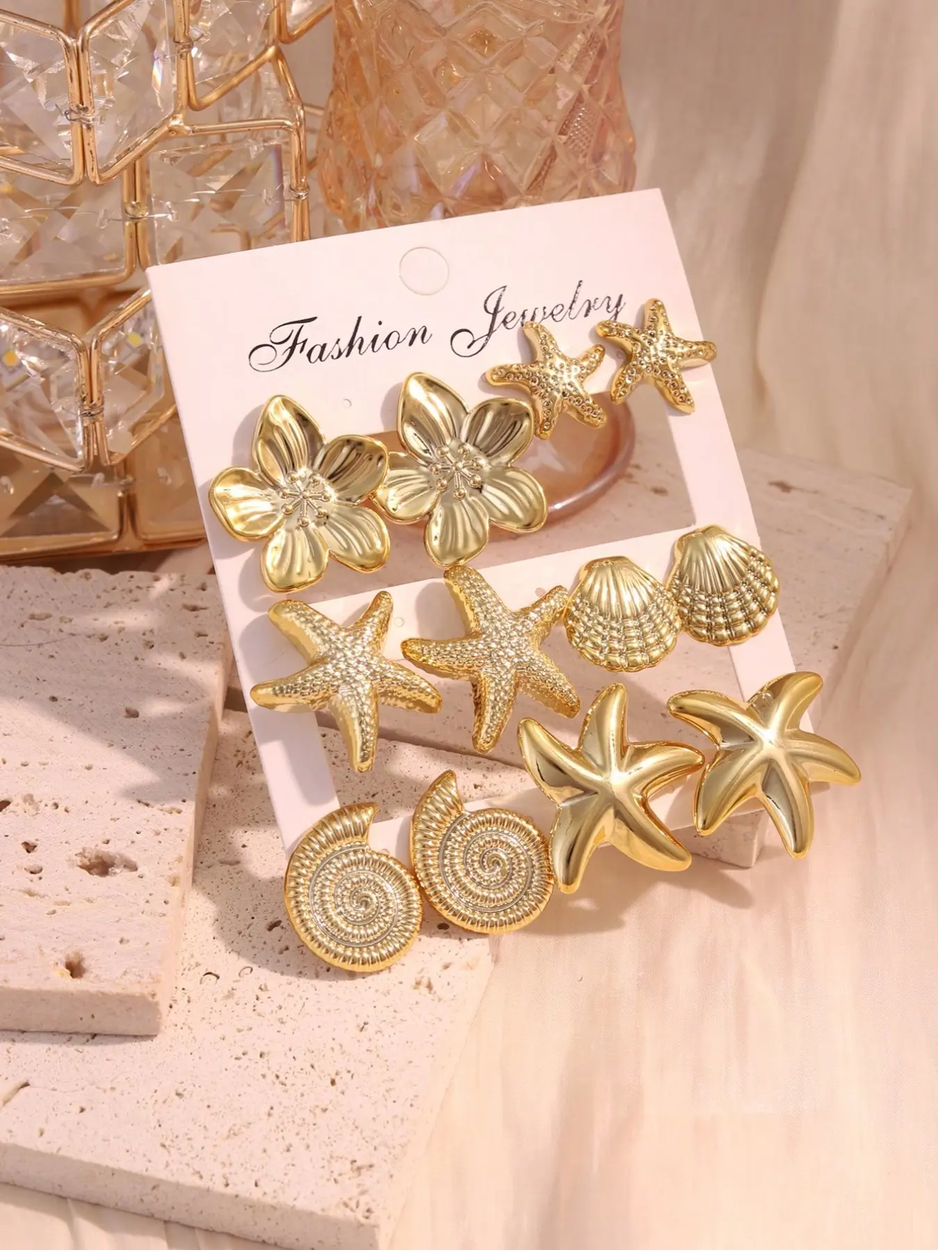 6 Pairs Boho Coastal Stud Earrings Set, Gold Starfish, Seashell, Nautilus Shell & Floral Earrings for Women, Lightweight Beach Vacation Jewelry, Stackable Everyday Accessories, Gift for Her