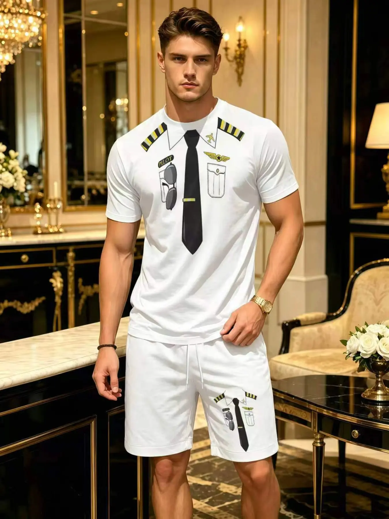 Men's Casual Short Sleeve Set, 3D Digital Print, Fitted Knee-Length Shorts, Natural Waist, All-Over Print, High-End Trendy