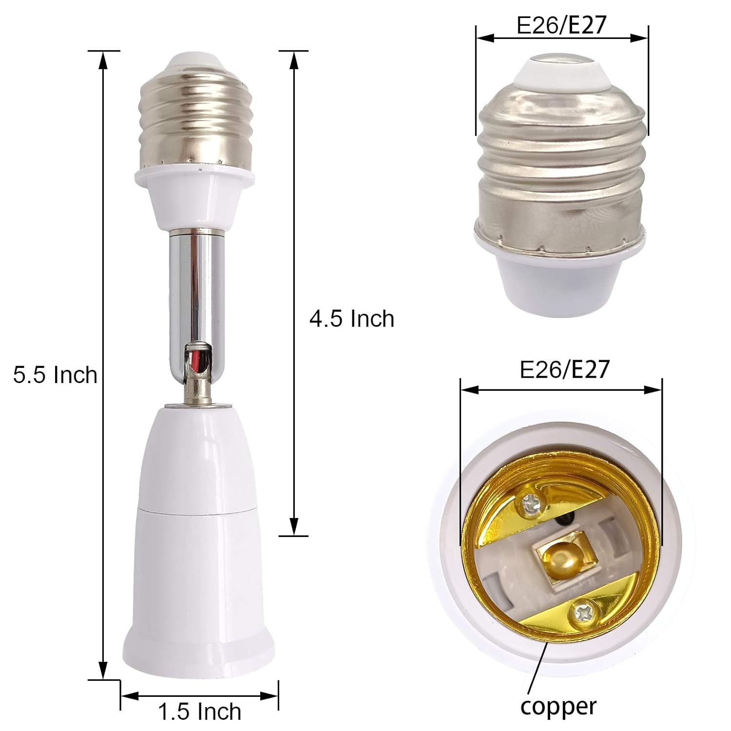 E26/E27 Light Socket Extender, 4.5 Inch Extension Socket Extender Adapter, Adjustable Vertical 180?Horizontal 360?, Flexible Medium Light Bulb Socket Converter (2-Pack)