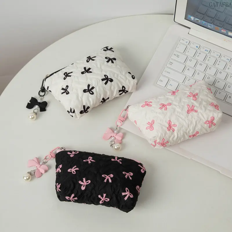 Women's Ins-Style Ruched Lipstick Makeup Bag - Bow Print, Clutch Shape, Regular Portable Storage Organization Pouch for Daily Use (Sports & Outdoor Companion), Storage Bag,back to school,back to school haul