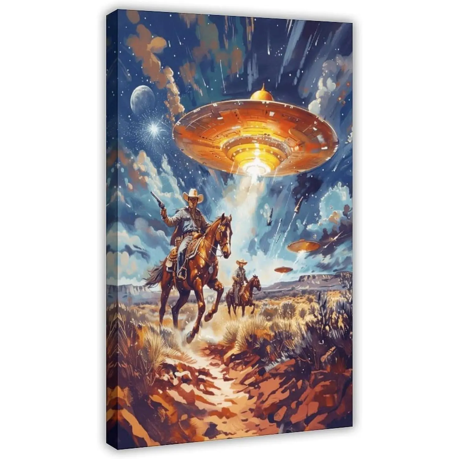 Handmade Frame-Aliens and Cowboys Retro Western Sci-Fi UFO Wall Print, UFO Cowboy Art, Mid-Century Modern Pulp Roswell Cosmic Indoor Home Decor Poster