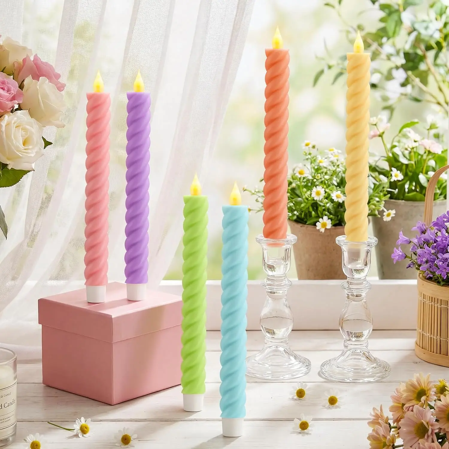 6 count Flameless Taper Candle Pastel Twisted LED Taper Spiral Candlestick 9.65 Inch Colorful  Operated Candles Centerpieces for Spring  Party Wedding Birthday Easter  Decor