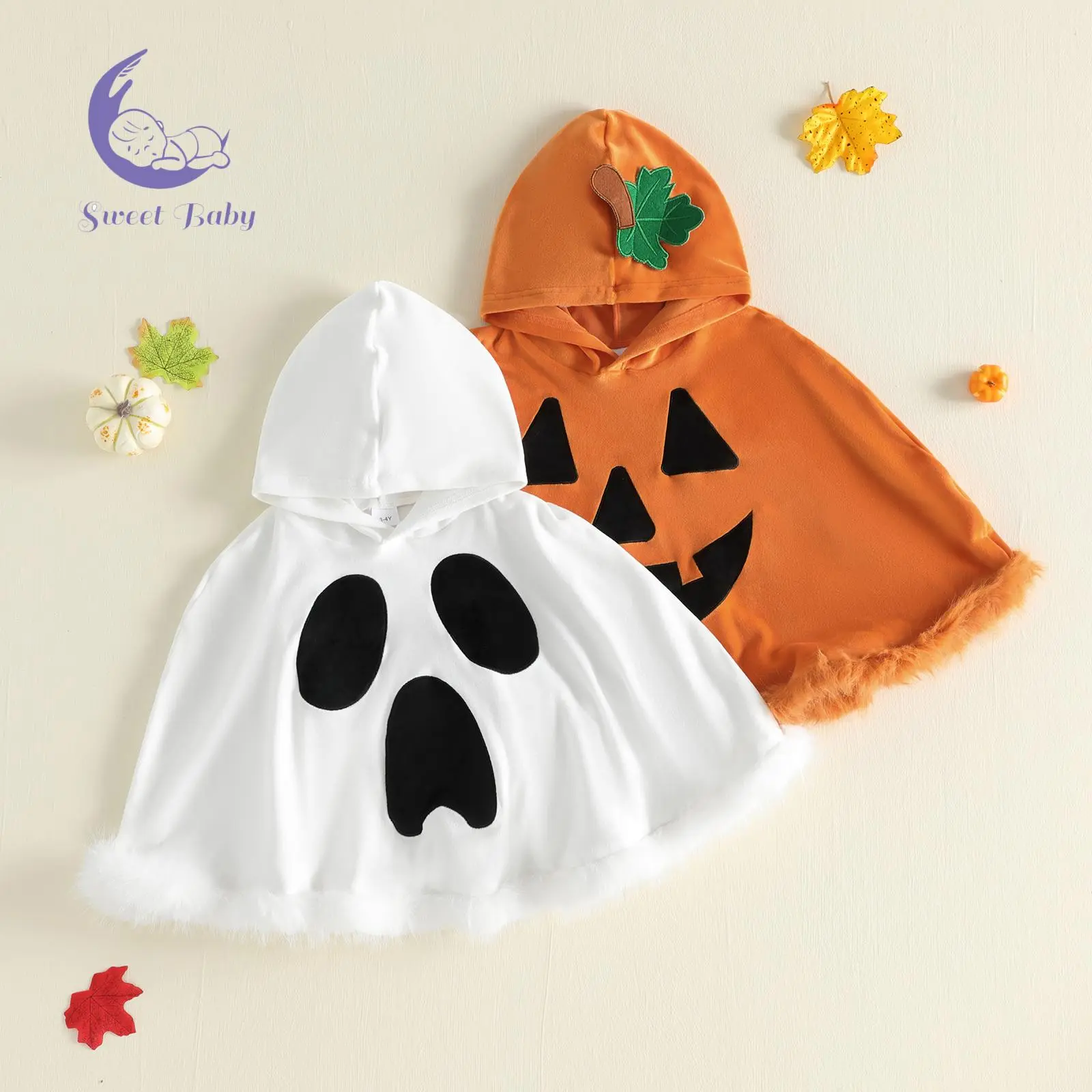 Age-Specific Little Girls' Cute Hooded Cotton-Blend Ghost-Pumpkin Poncho Cape, Plush Trim Hem, Multi-Size Halloween Outerwear (Baby & Maternity Jackets & Coats)