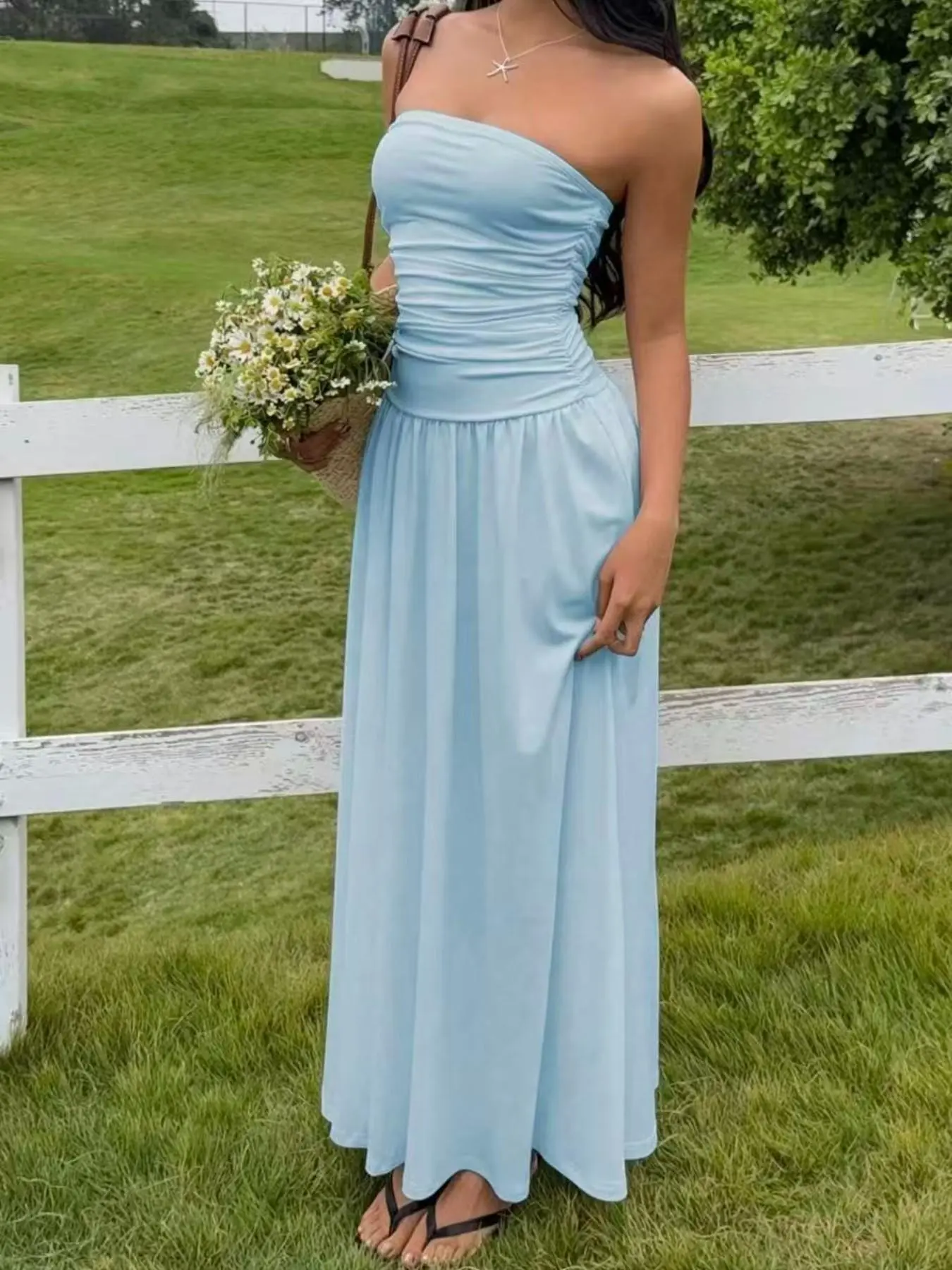 Elegant Strapless Ruched Dress for Women, Spring Summer Fashion Waist-Cropped Maxi Dress, Perfect for Daily Outing, Dates, Parties, Beach Holidays