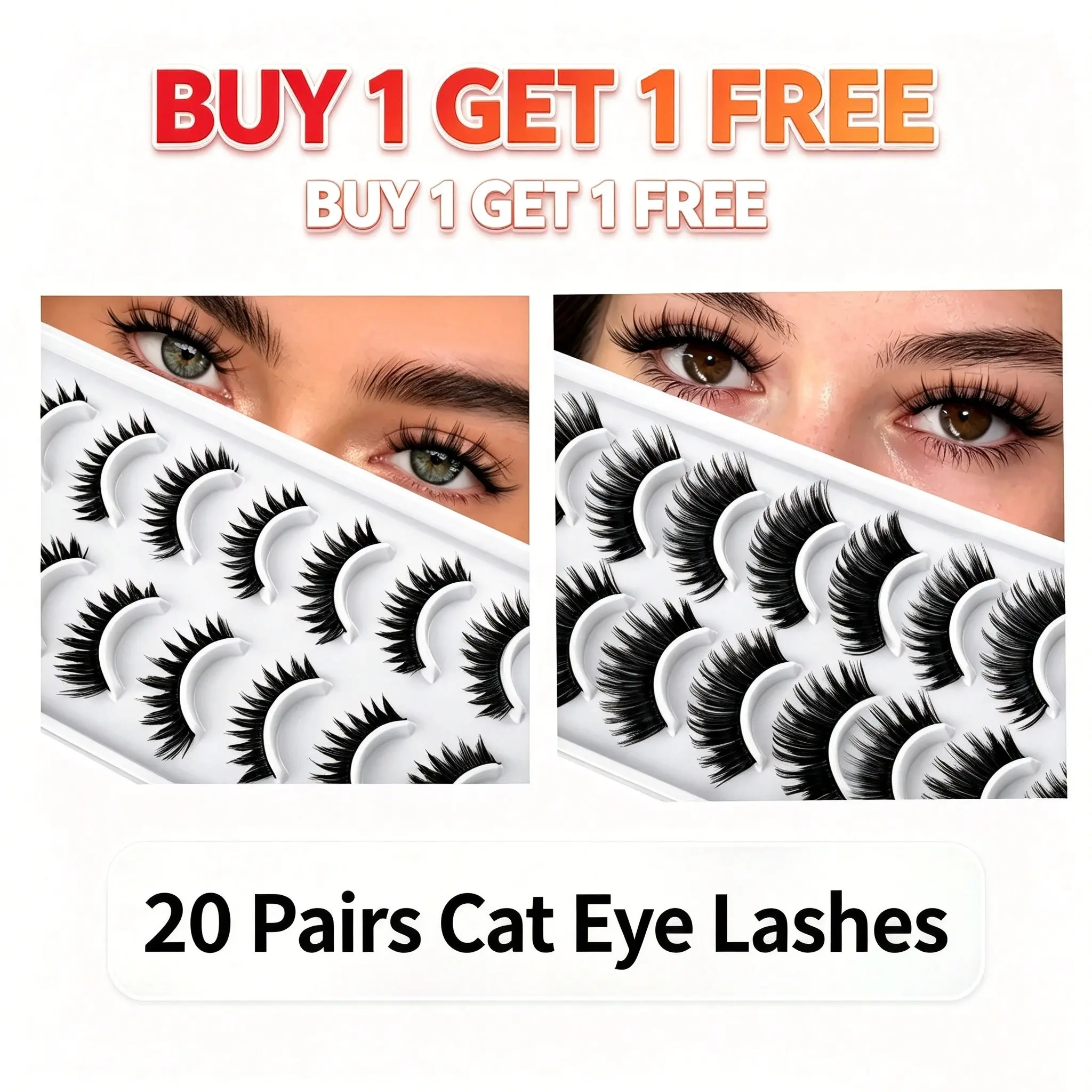 20 Pairs Cat Eye False Eyelashes Set, Fluffy Natural Look, Soft Cotton Strip Design, Lightweight Comfortable Reusable, Ideal for Daily Makeup