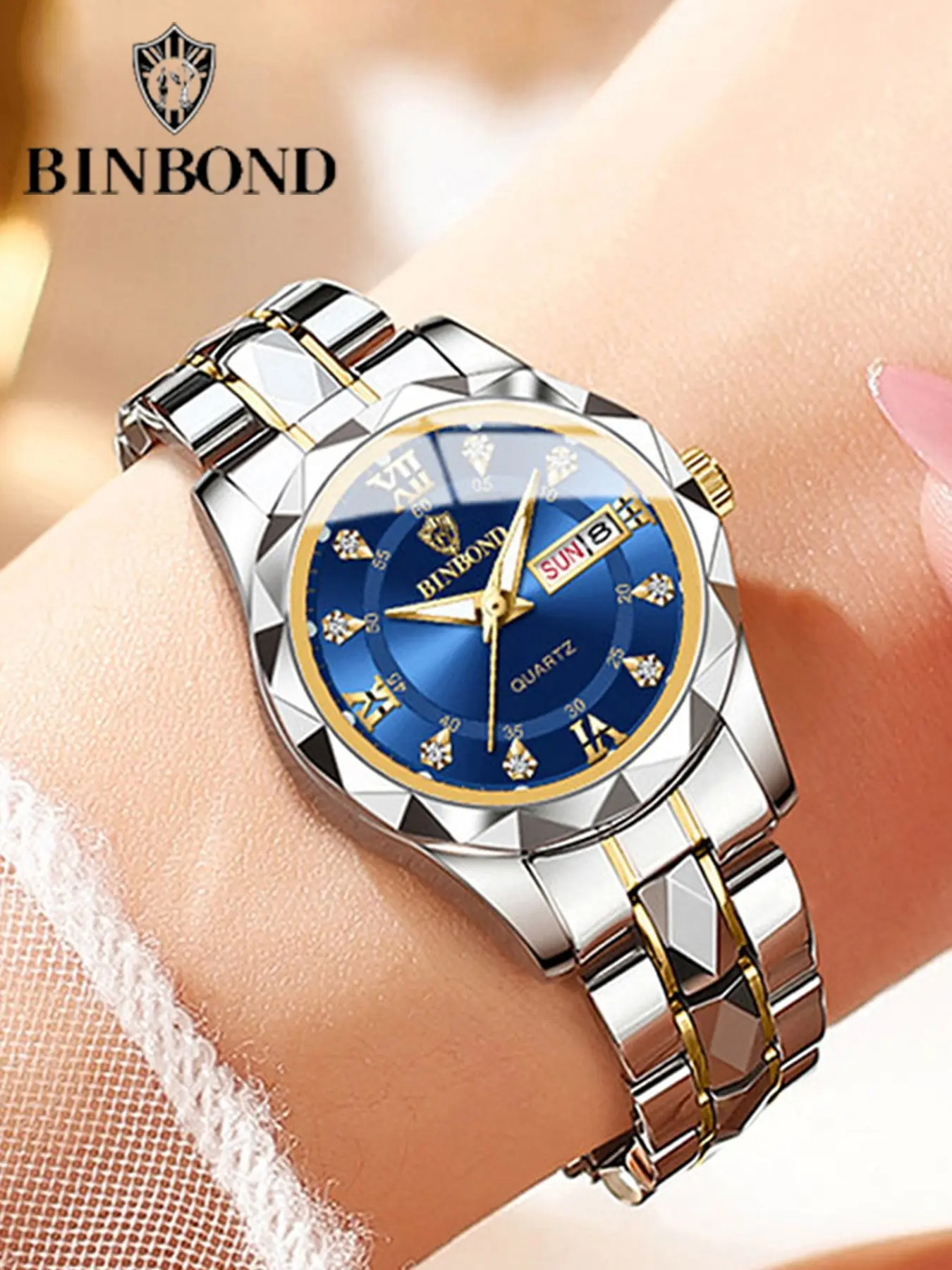 1Set Binbond B2521 Ladies Quartz Watch Roman Scale Double Calendar Steel Band Watch 30M Waterproof Luxury Business Women's Watch