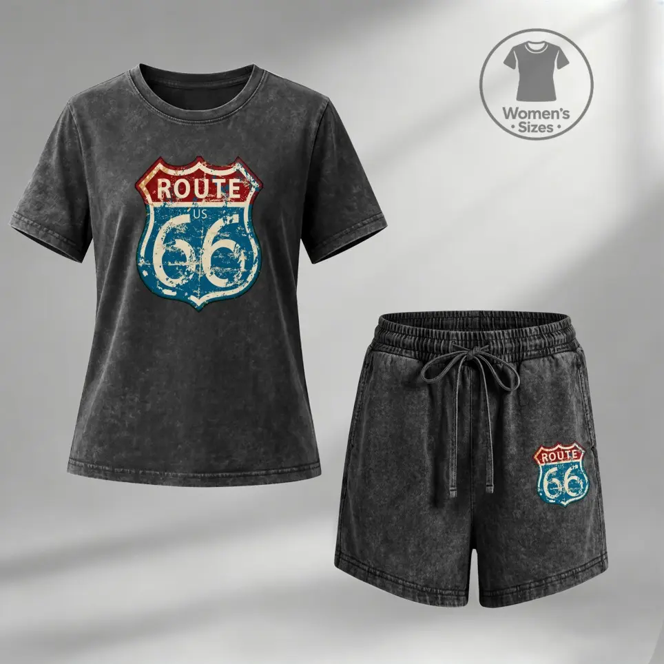 Women’s 100% Cotton Washed 2 Piece Shorts Set, Route 66 Road Vintage Graphic Crew Neck Short Sleeve T Shirt and Drawstring Shorts, Soft Breathable Casual Summer Lounge Outfit