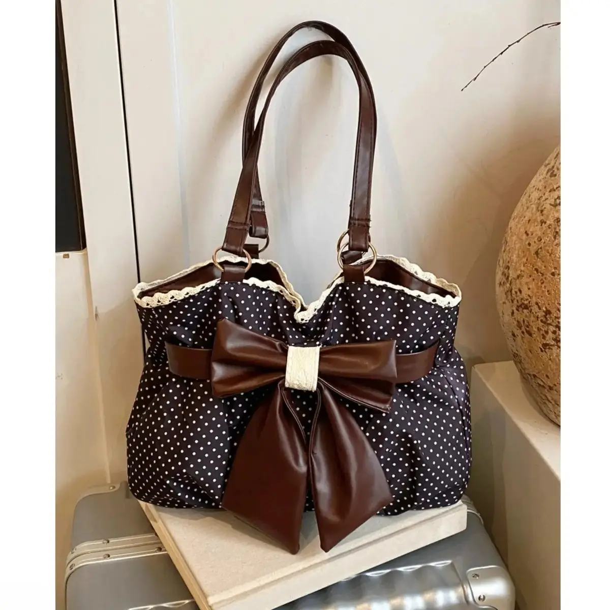 Women's Vintage Polka Dot Tote Bag - Large Bow, Lace Trim, Textured Casual Wear Purse with Magnetic Clasp, Large Capacity Handbag for Everyday Use & Holiday Travel, Bags For Everyday