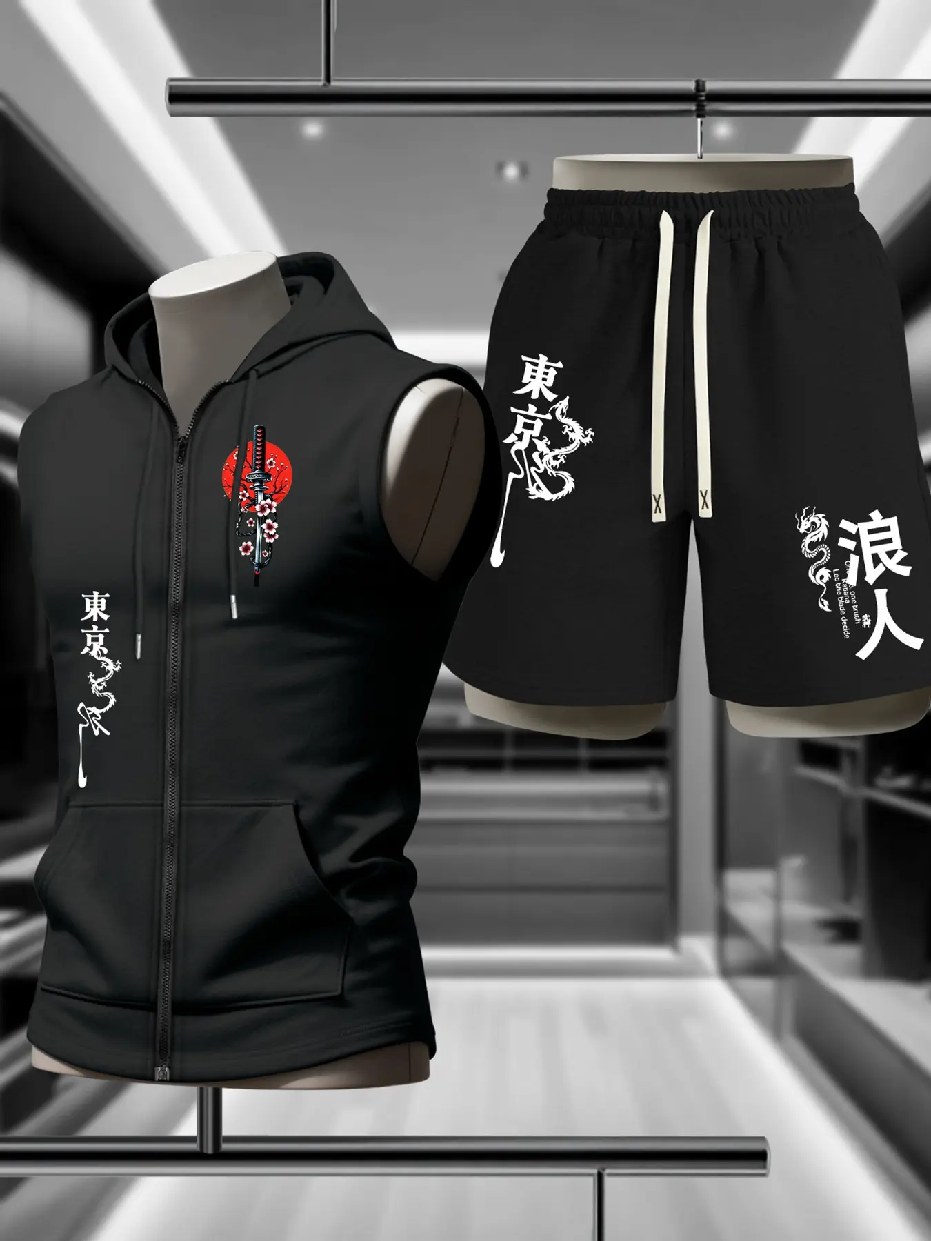 Men's Summer Graphic Tee, Sporty Short Sleeve Slim-Fit Top, Asymmetrical Design, Japanese Samurai Style, Casual Gym Wear