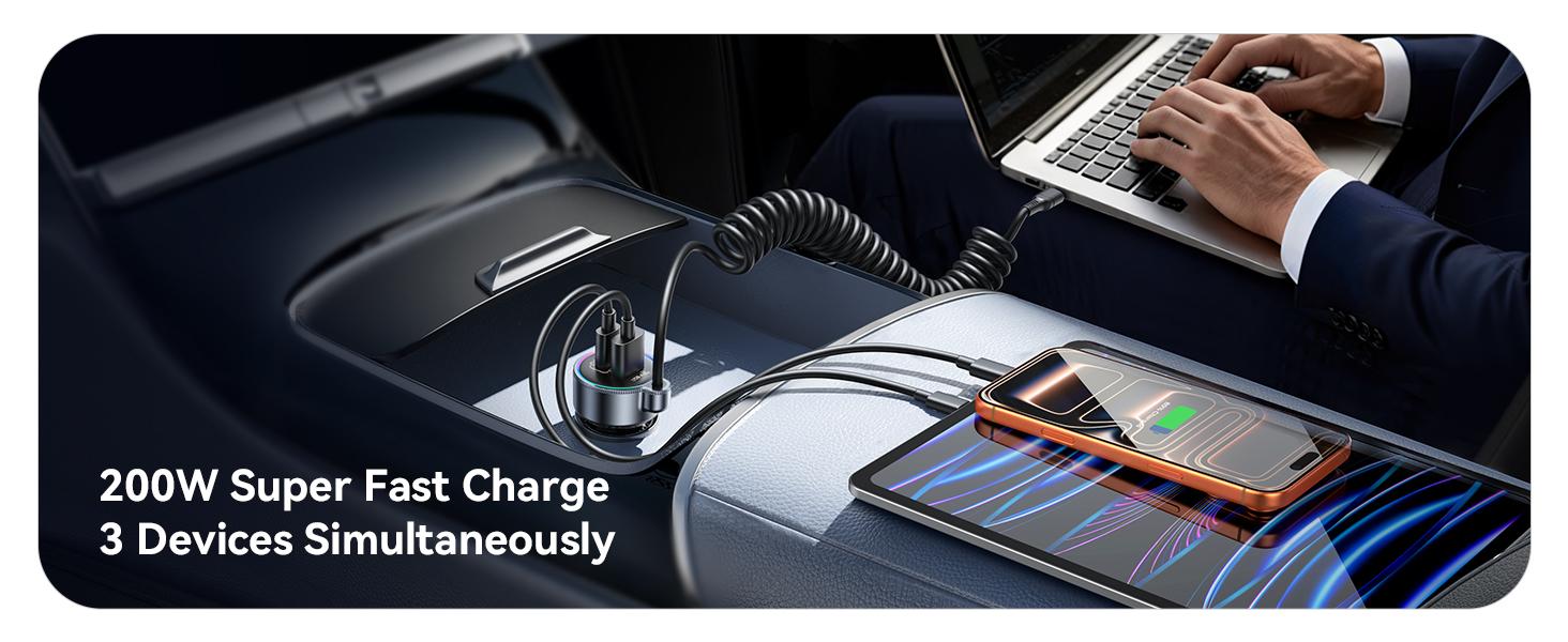 200W Car Charger USB C, PD100W Fast Charge w/100W Type C Fast Charging 5FT Coiled Cable, PD3.0/QC4.0/PPS Cigarette Lighter Phone Adapter for iPhone 17/16 ProMax, MacBook Pro/Air, Samsung S26/S25, iPad