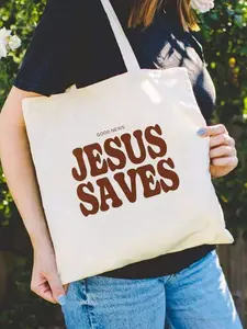 Large Capacity Canvas Bible Crossbody Bag, Jesus Letter Print Shoulder Bag, Skull Design Women's Casual Handbag, Christian Totem Bag